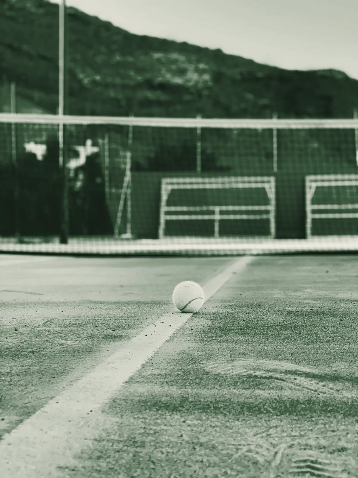 A ball on the line of an outdoor court