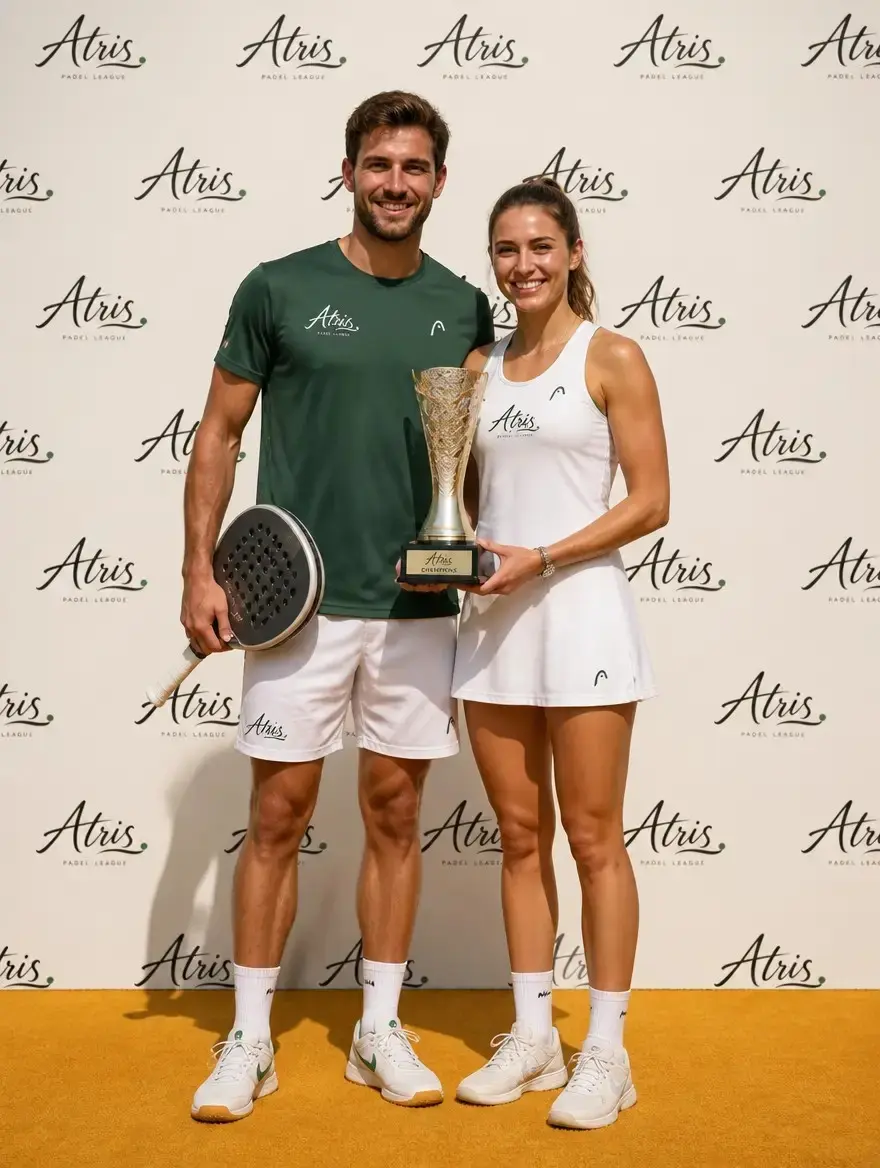 A mixed pair holding the trophy at the Atris Finals photocall